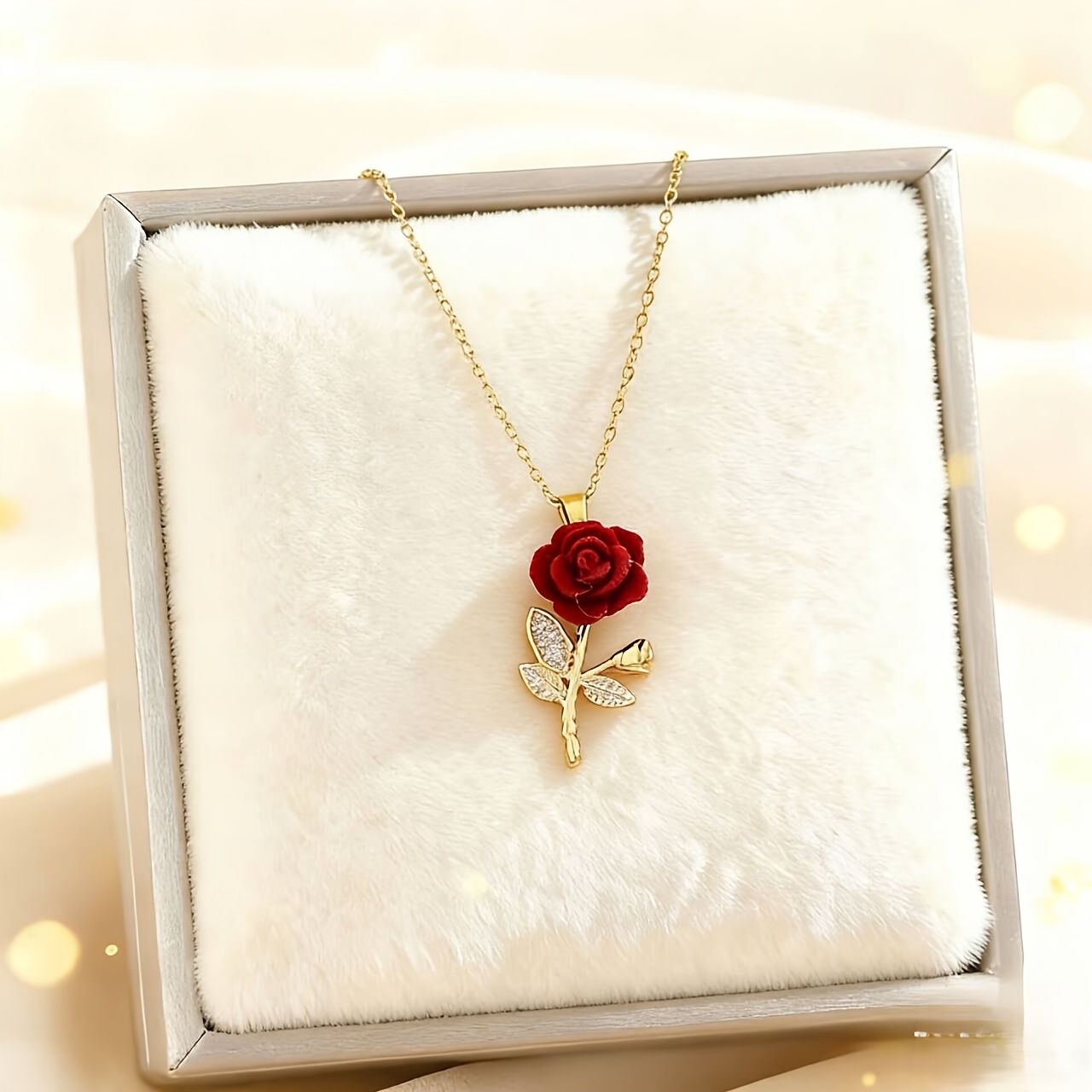 TEMU An Exquisite And Light-luxury Velvet Three-dimensional Red Rose Pendant Necklace With Inlaid Synthetic Synthetic Zirconia, A High-end Collarbone