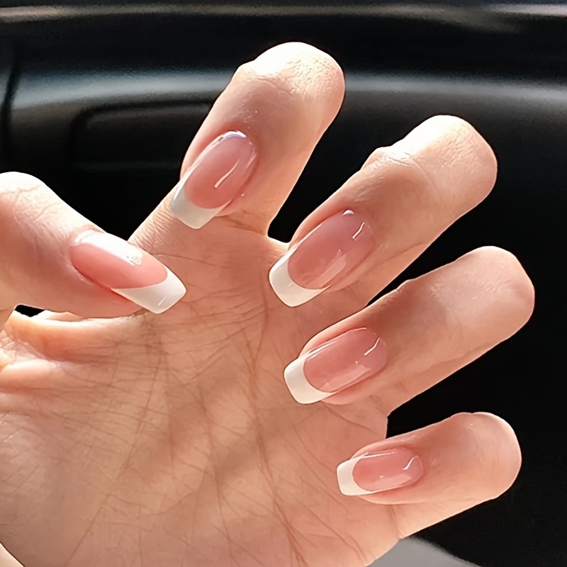 24pcs white french fake nails nude pinkish press on nails short square false nails classic acrylic nails for women and girls details 0