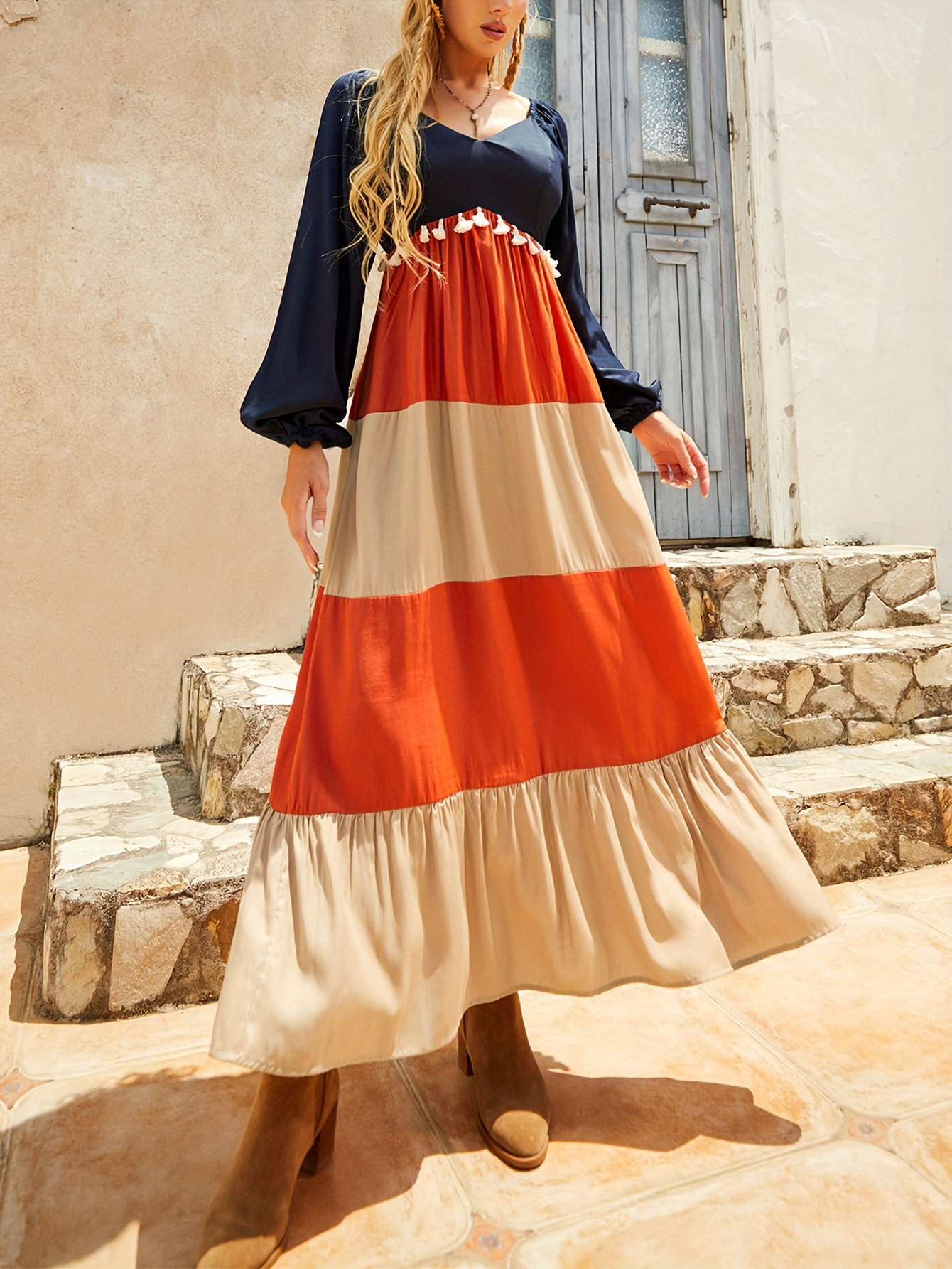 color block v neck a line tiered dress vacation tassel trim - Temu Oman