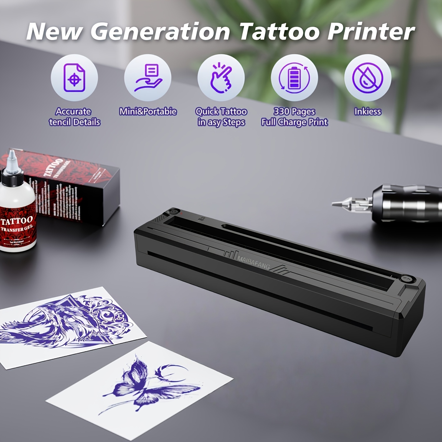 Image of Portable Wireless Thermal Printer, Tattoo Printer, Ink-free, Wirelessly To Applications, Supports Charging Via Usb, Long , Equipped With 6 Tattoo Transfer Papers Thermal Paper
