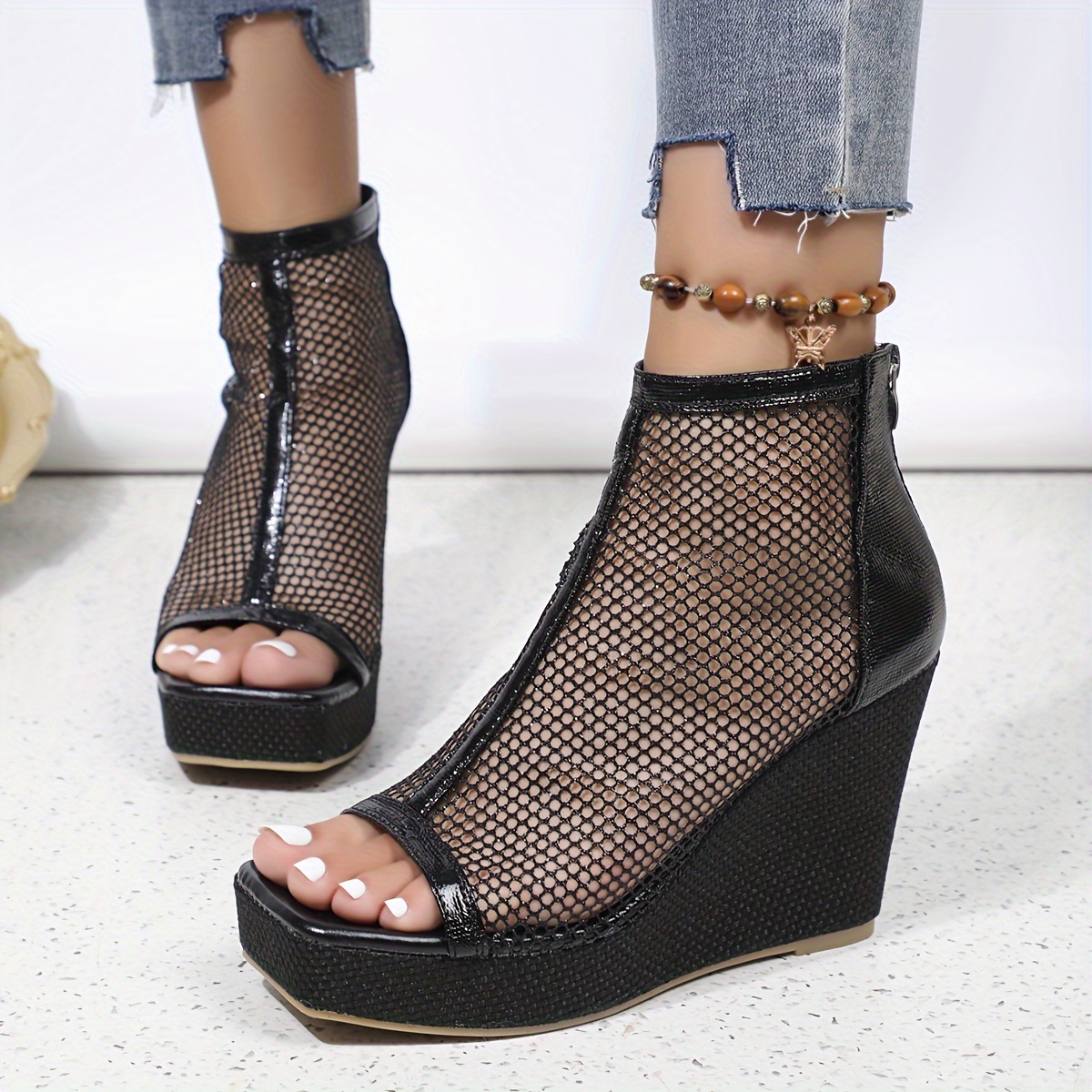 womens elegant clear mesh high waisted mule heel thick Temu