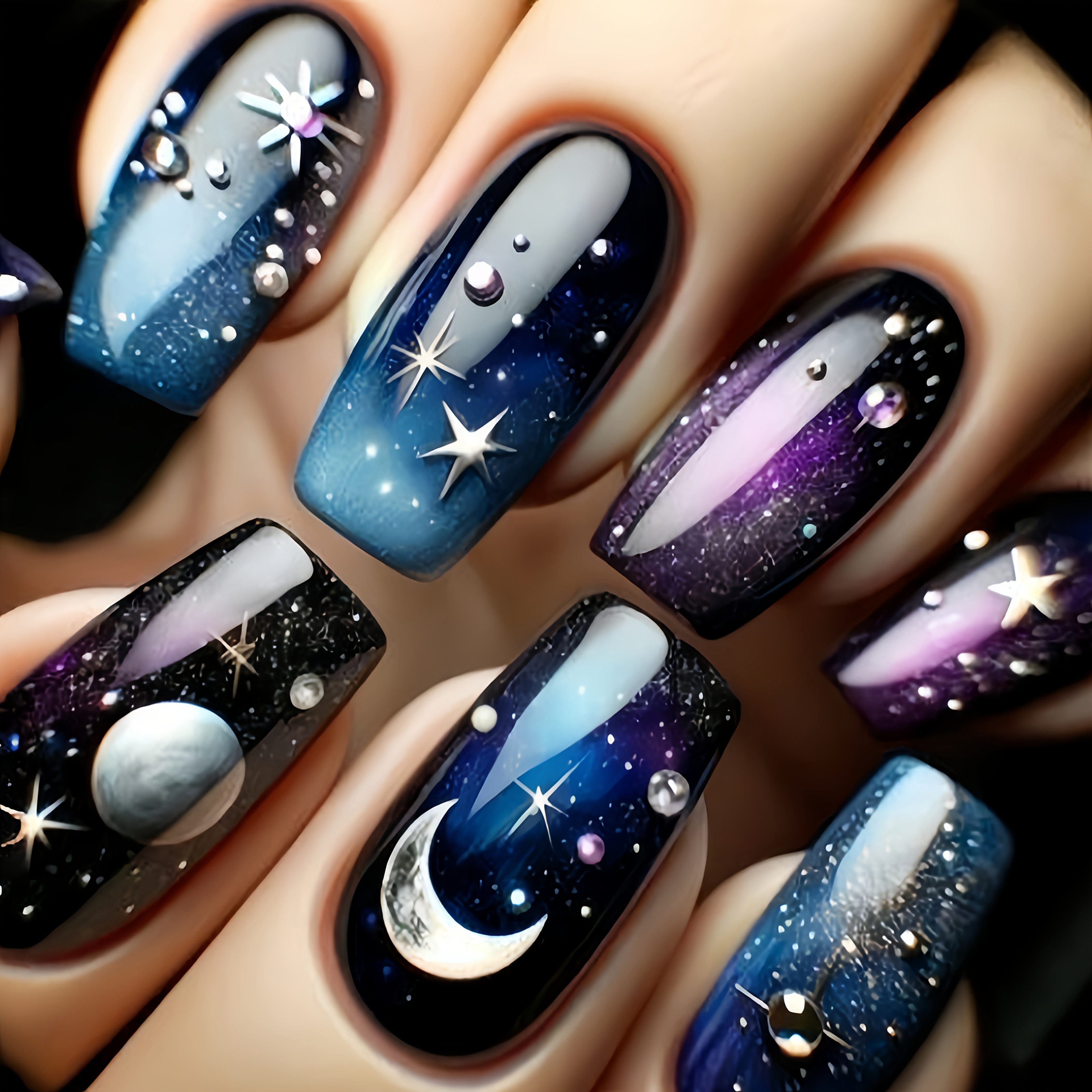 

24pcs Nail Art Stickers, Long Square Shape, , Blue & Purple Tones, Star And Moon Patterns, Removable Pre- Nail Decals In Black