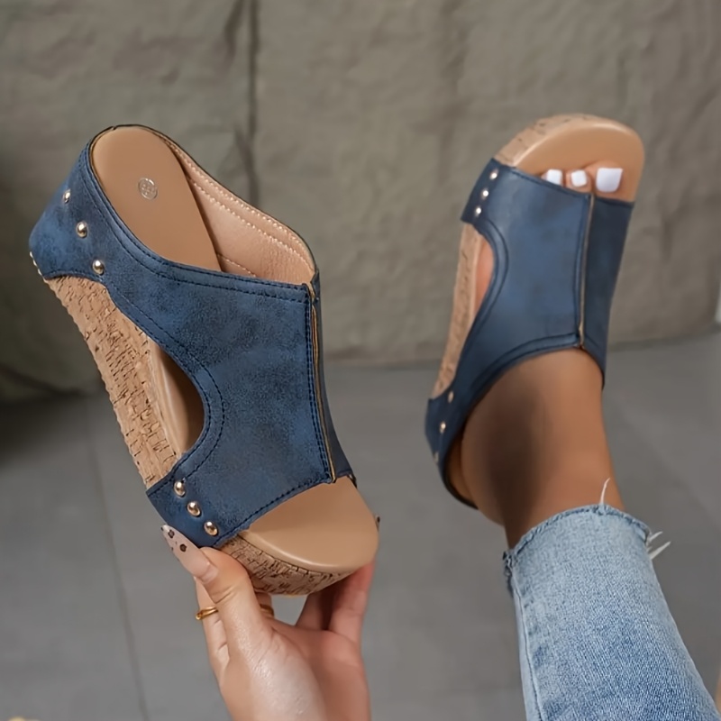 Elegant Women's Open Toe Wedge Sandals - Brown Faux Cover with Golden Studs, Ankle Strap, Rubber Sole, Slip-On Summer Beach Shoes for Casual or Dressy Outfits, Summer Beach Footwear | Mary Jane Style | Durable Pu Sole, Ladies Sandals