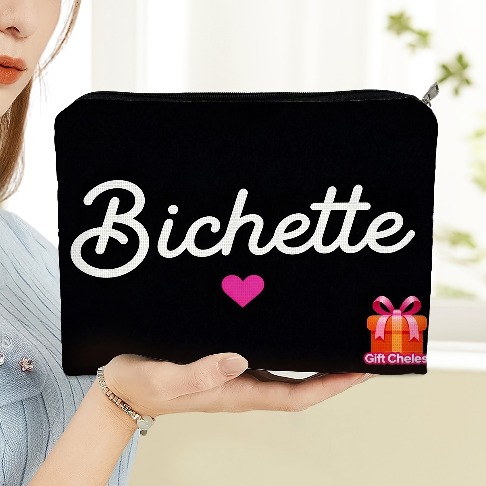 TEMU Trousse de maquillage tendance 2D One avec imprimé manuscrit "", 8,66 pouces x 5,91 pouces, pochette de voyage à fermeture éclair avec imprimé