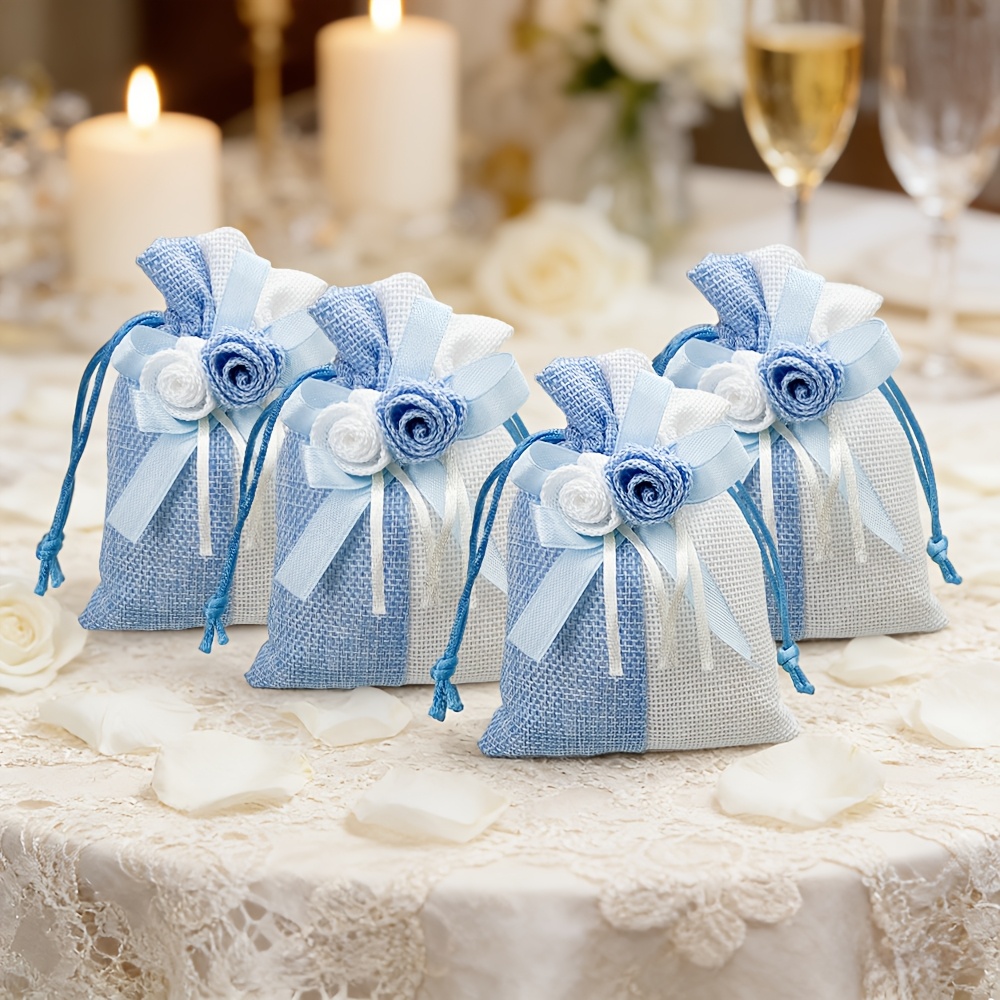 10pcs Blue and Pink Drawstring Gift Bags with Floral Design