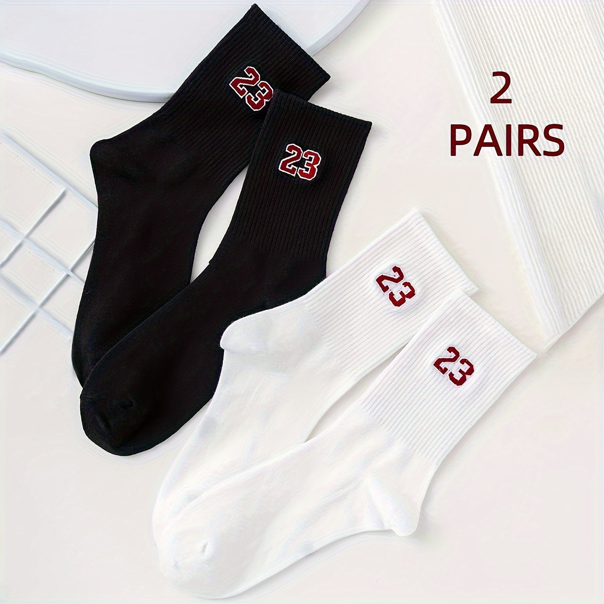 

Men's Mid-calf Crew Socks 5-pack With Embroidered Number 23, Polyester Knit Fabric, Comfort Stretch, Machine Washable, Solid Color Casual Sports Skateboard Socks