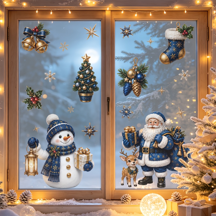 TEMU 2 Sheets Blue Golden Santa Claus Snowman Static Window Clings, Adhesive-free And Glass-safe, Reusable Static Window Decals, Suitable For Home