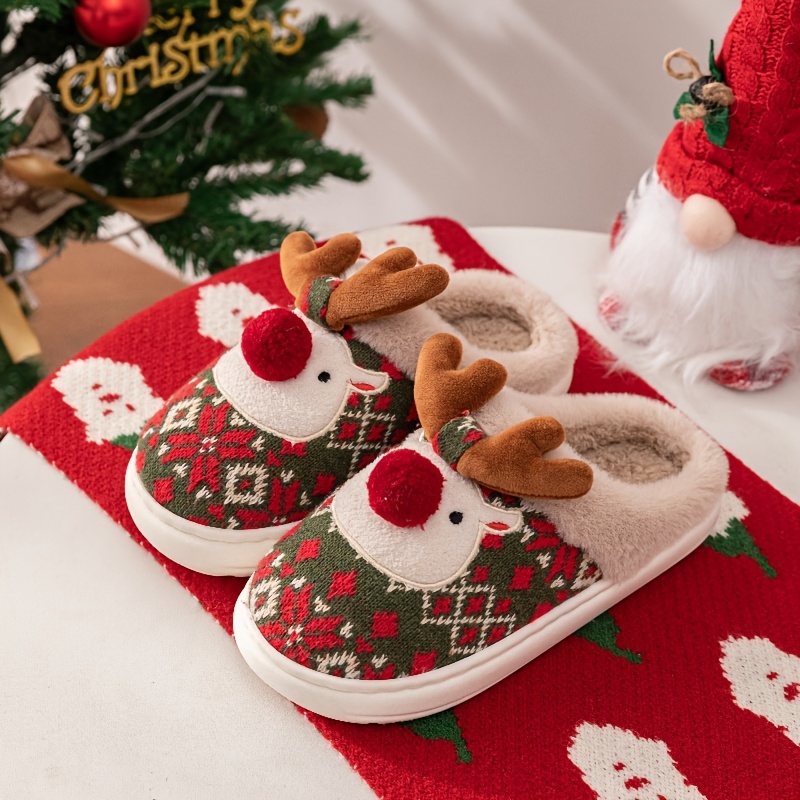 Christmas Deer Cartoon Fleece-lined Warm And Comfortable Round-toe Slippers, Cute Reindeer Indoor Fashion Slip-ons For Autumn/winter - Perfect Gift Ru-ldn27216-n
