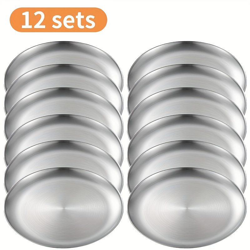TEMU 12pcs Korean-style Single-layer Grilling Plates, Thickened Stainless Steel Dessert Plates, Food Presentation And Outdoor Dining, Camping