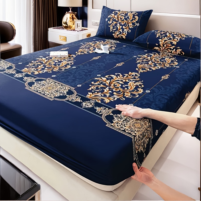 TEMU 3pcs Navy Jacquard Fitted Sheet Set / 2 Pillowcases / 1 Fitted Sheet / Twin Bed / Full Bed / Queen Size / King Size - And Fade Resistant - Soft