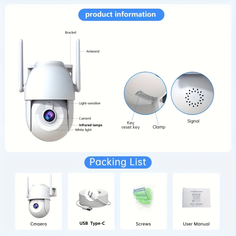 JOOAN 1296P Outdoor Security Camera - WiFi Enabled, 360° Auto-Tracking PTZ, Night Vision, Motion Detection, Two-Way Audio, USB Powered details 2