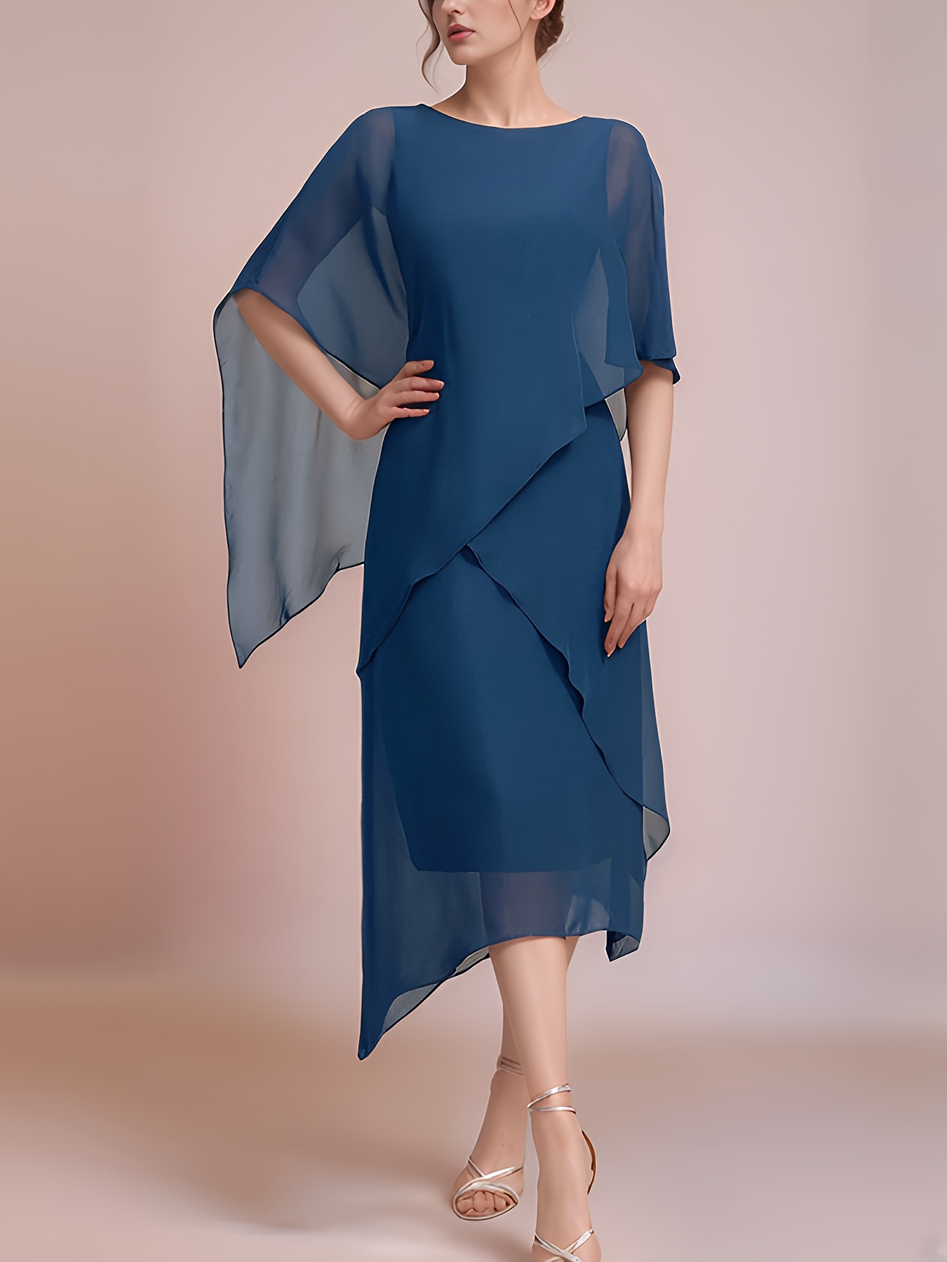 Plus Size Elegant Navy Blue Chiffon Shawl Dress Long Sleeve,  Asymmetrical Hem, Flowing Design Wear, Plus Size, Round Neck, Lightweight - Main Image