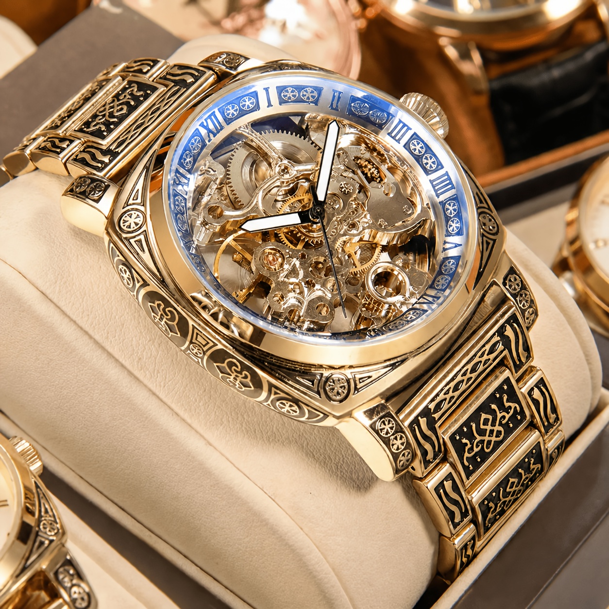 Image of 1pc Youth Men's Yellow Steel Strip Creative Night Light Carving Hollow Mechanical Watch, Without Battery
