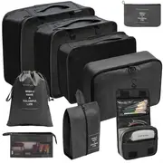 9 piece travel organizer set polyester folding storage bags for clothes shoes drawstring luggage pouches versatile solid color packaging cubes details 0