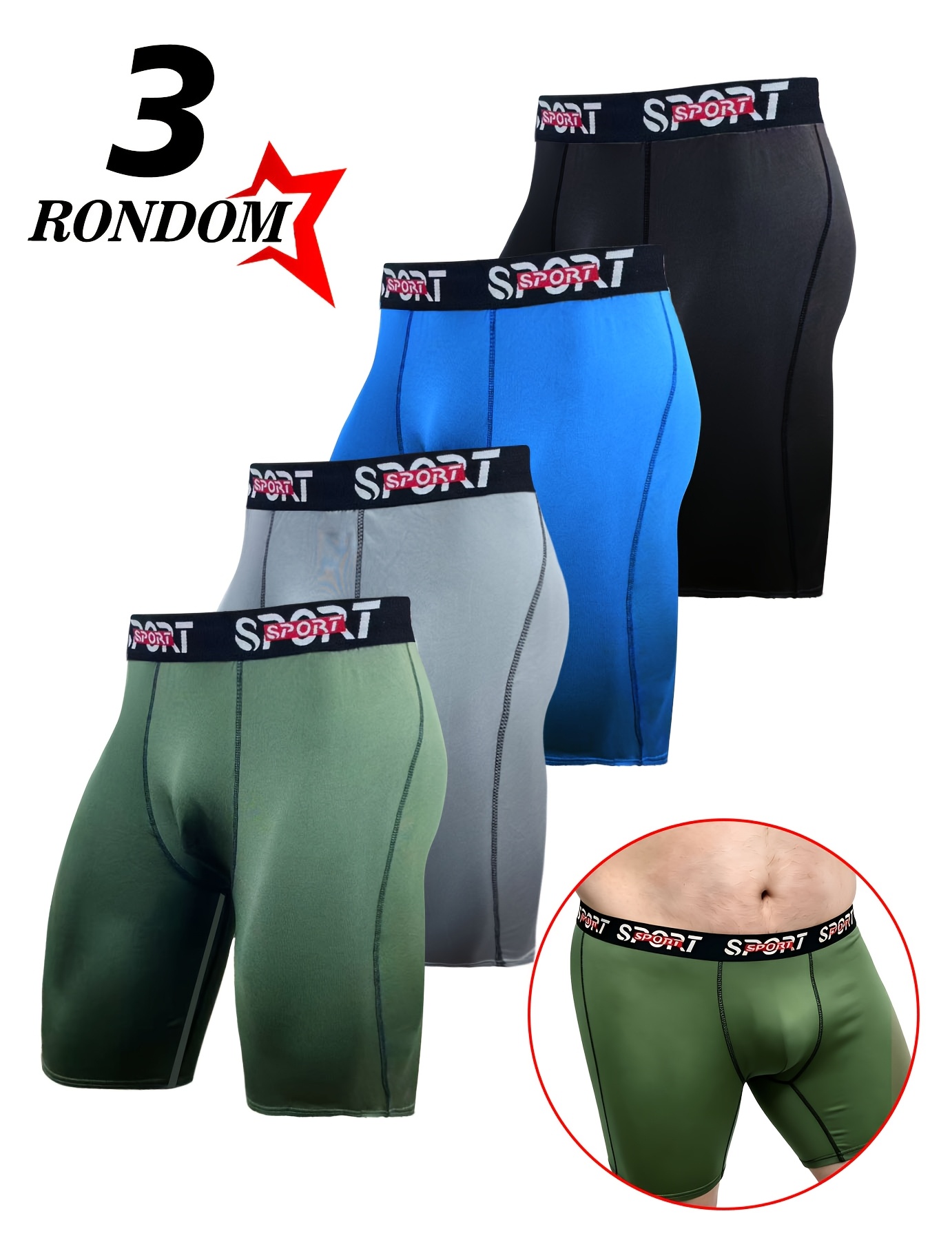 item picture 3pcs random large size     mens long leg boxer briefs casual outdoor mens long underwear fitness running breathable comfortable soft suitable for fitness running daily home casual large size mens shorts plus size