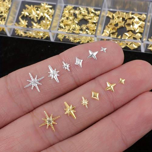 12 bölmeli tırnak sanatı seti - altın ve gümüş yıldız çıtçıtlar ve altıgen charmlar dahil | cilde güvenli 3d metal süslemeler | evde manikür salon uygulamaları i̇çin i̇deal