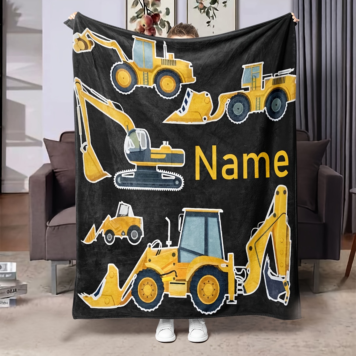 

Customizable Blanket - Contemporary Style, Hypoallergenic Polyester, Machine Washable, Digital Print Cartoon Excavator Pattern, Tear Resistant, All Seasons Knitted