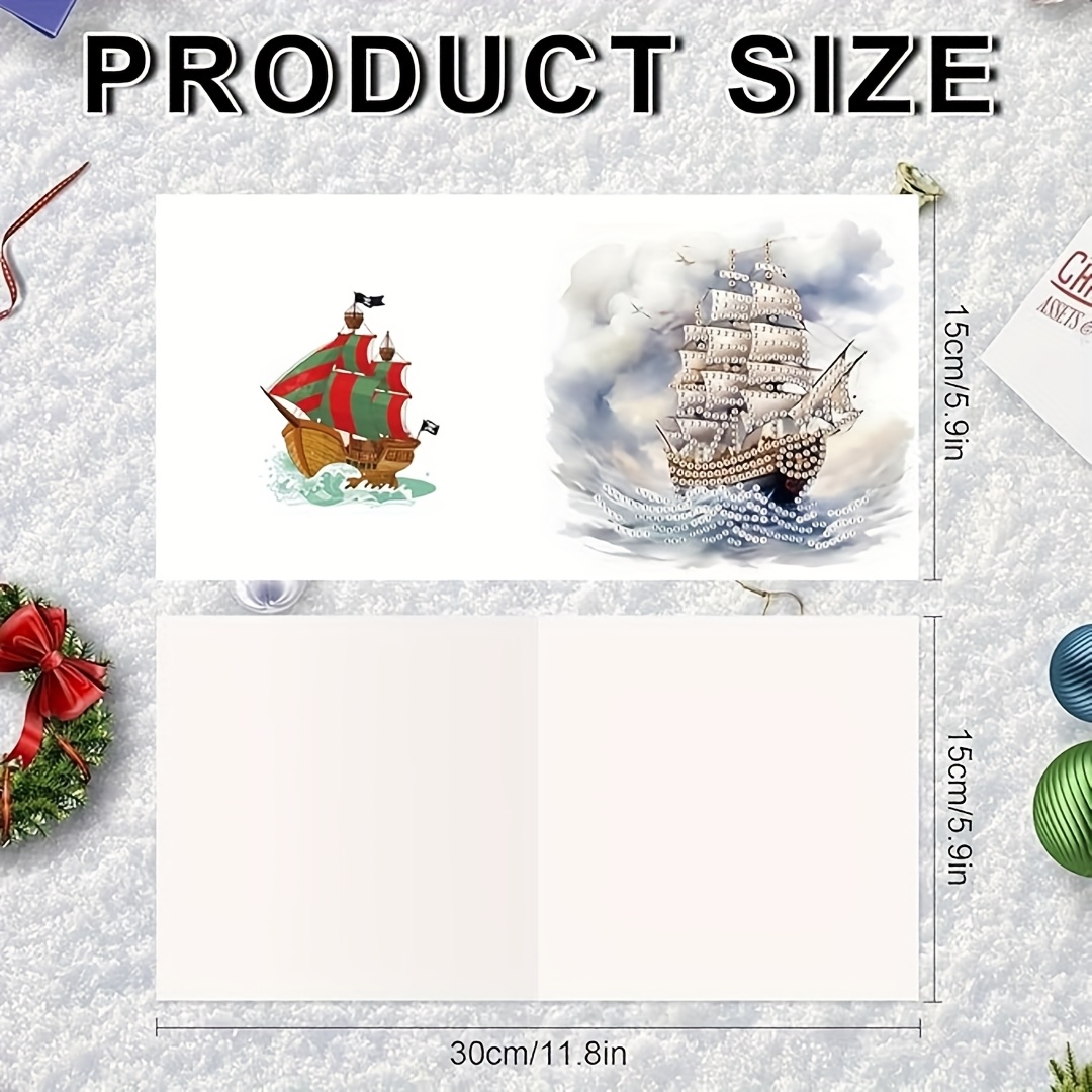 TEMU New 6pcs Diamond Painting Greeting Card Set With 6 Envelopes, Sailboat Design – For Birthdays, Christmas, Halloween, And All Holidays. Emotions