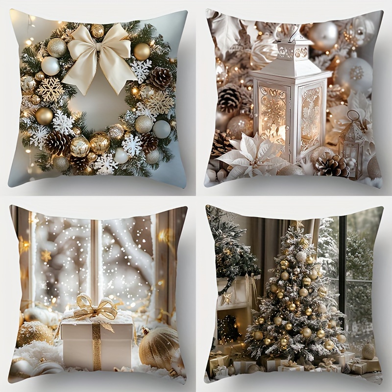 

Christmas Set Of 4, Wreath, , And , , Zippered Pillowcases For Decor, Sofa, And Living Room Decoration - -sided , No