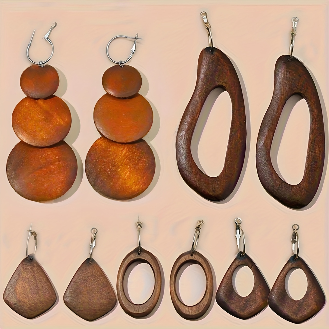 Vintage Brown Solid Wood Dangle Earring Set, 5-Pair