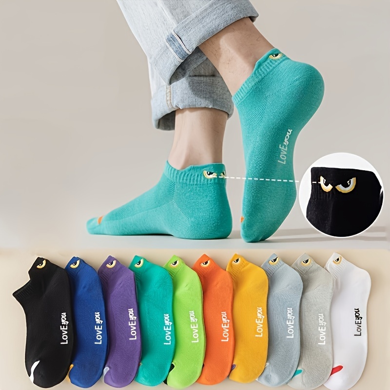 

10 Pairs Of Men's Simple Fun Cute Eyes Design Low Cut Ankle Socks, Anti Odor & Sweat Absorption Breathable Thin Socks, For All Seasons Wearing