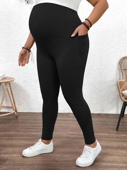 1pc verano pantalón de yoga de pierna de talla para mujeres embarazadas, pantalones deportivos para mujer con bolsillo lateral, leggings de fitness ajustados con control de abdomen y levantamiento de glúteos