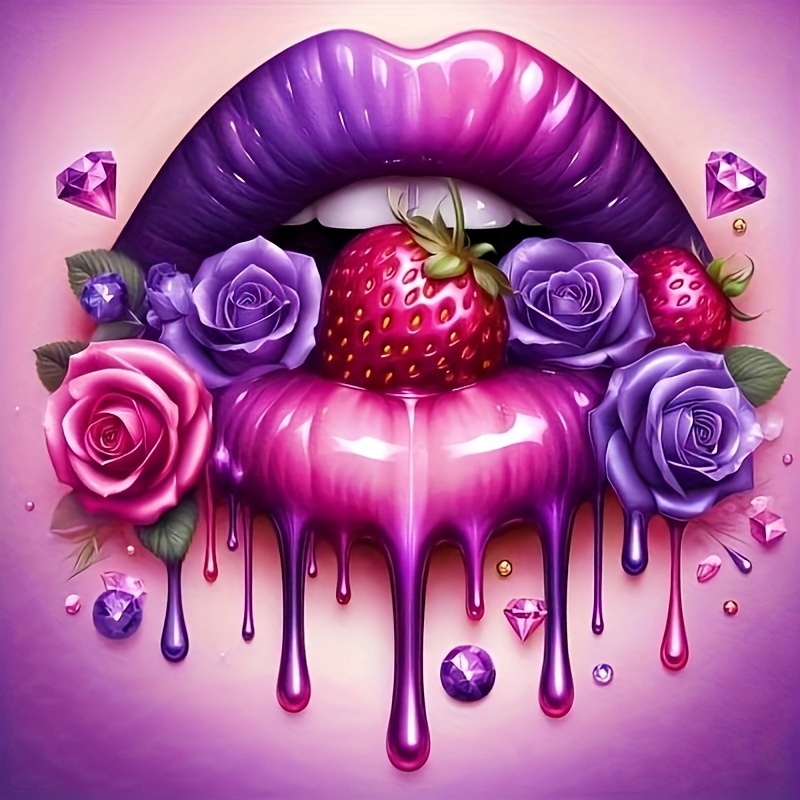 

5d Diy Diamond Painting Kit - Sexy Lips With Flowers And Strawberries, Round Diamond Art Canvas For Adults, Relaxing Handcraft, Home Decor Wall Hanging, Gift