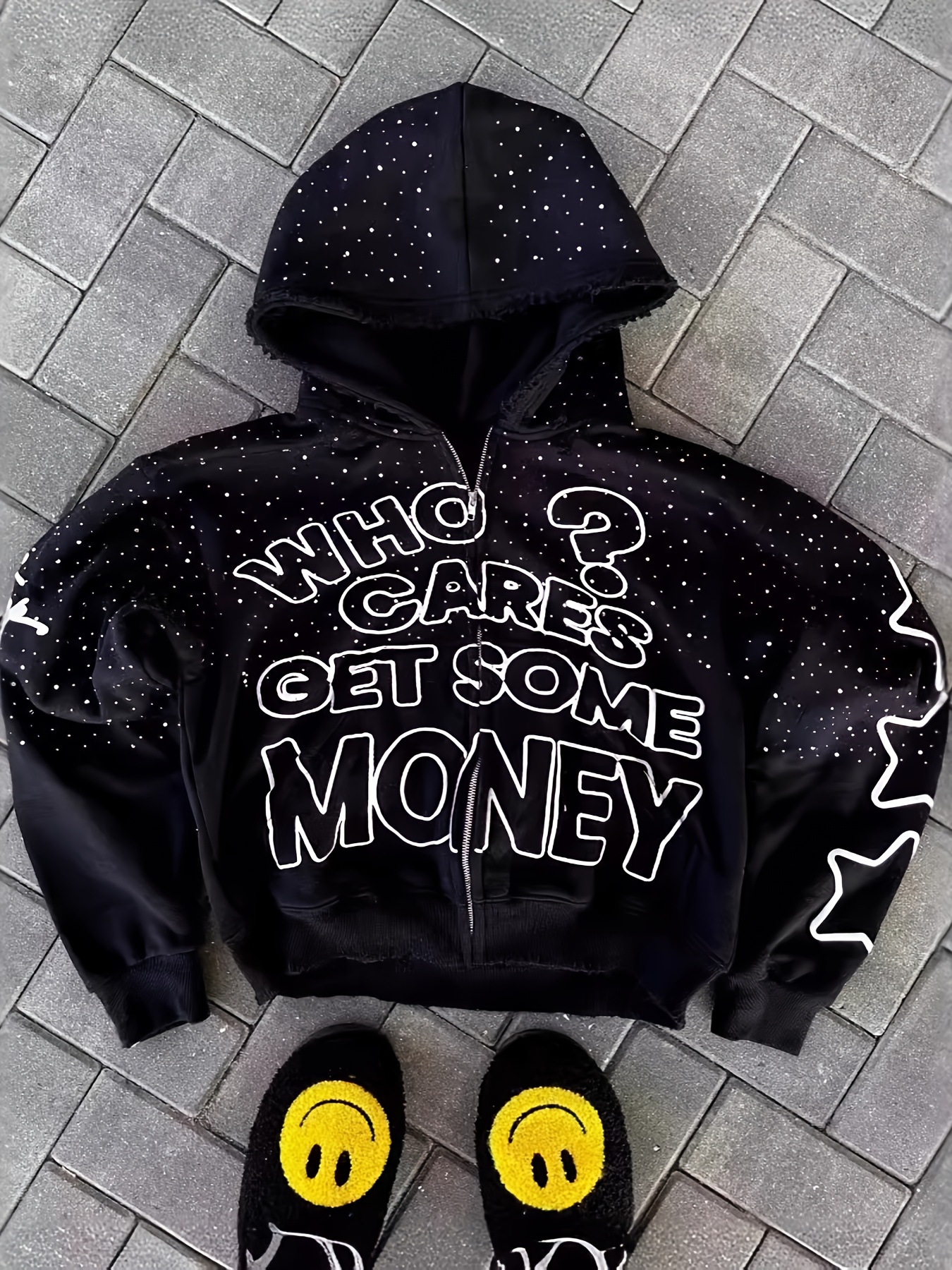 black zip hoodie sold on Temu United States