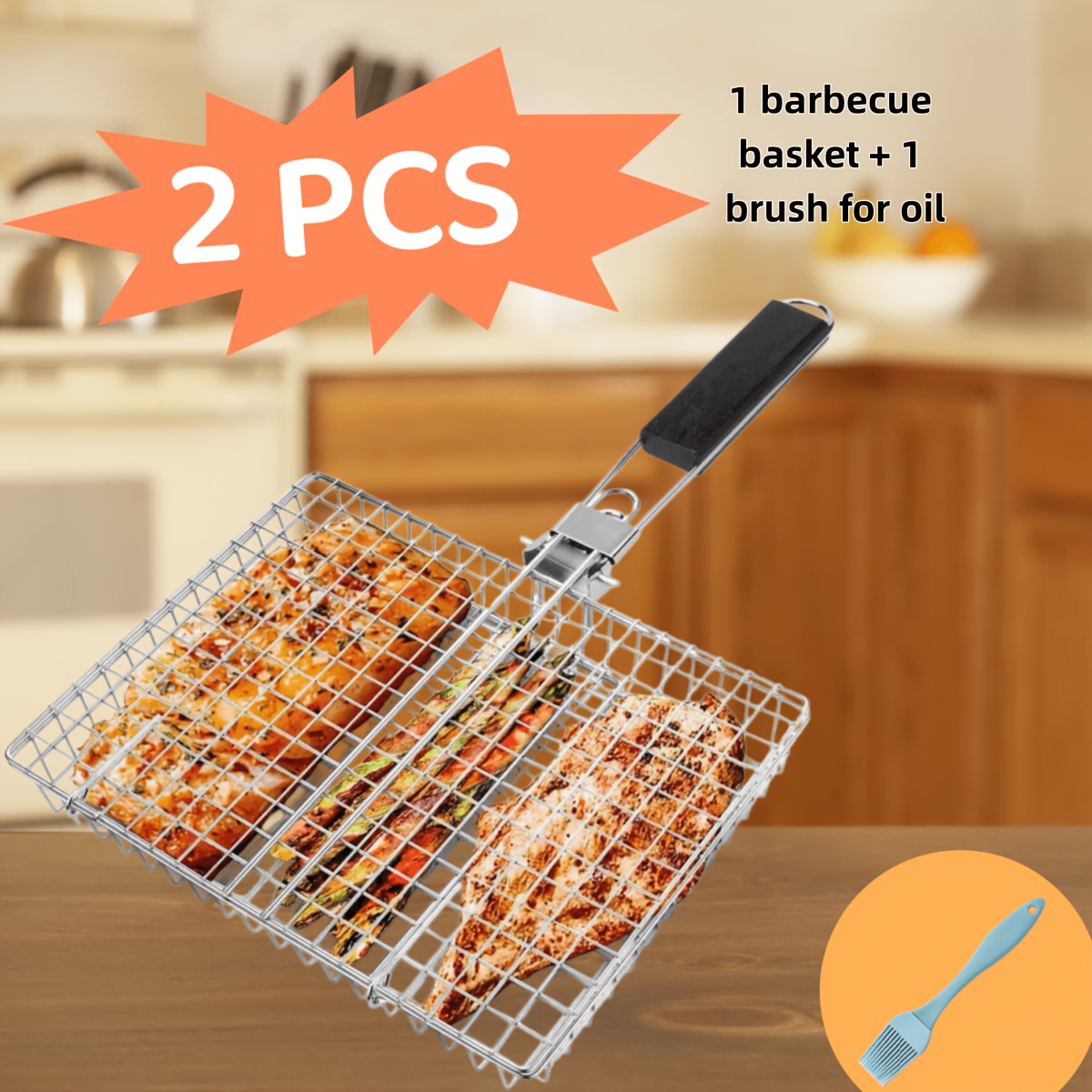 TEMU 2pcs (2 Sets Including 1pc Bbq Basket And 1pc Brush) Stainless Steel Bbq Grill, Bbq Net, Bbq Tools, Outdoor Multi-functional Bbq Net, Sturdy