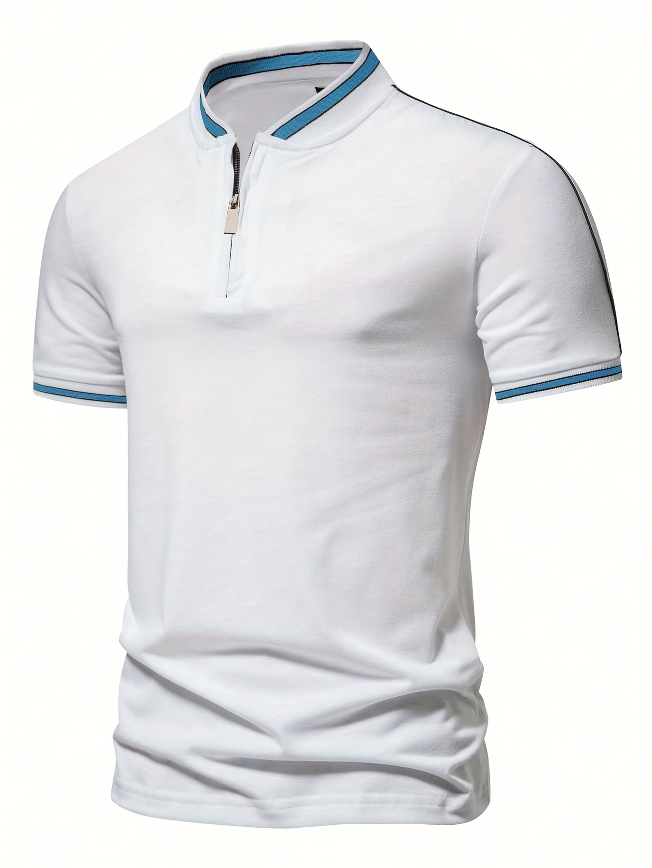 Men'S Casual Short Sleeve Polo Shirt - Beige with Black Side Stripes, Comfortable Breathable Fabric, Mandarin Collar, Zipper Detail, Perfect for Sports, Outdoor Activities & Casual Wear, Sports Casual Wear | Minimalist Design | Comfortable Fit