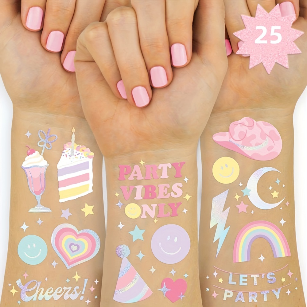 

Temporary Tattoos Set Of 1 Pack, Vibrant Rainbow And Party-themed Designs With Heart Shape - Assorted Sweet , Celebration Cheers, And Festive Icons For Birthday Parties And Events