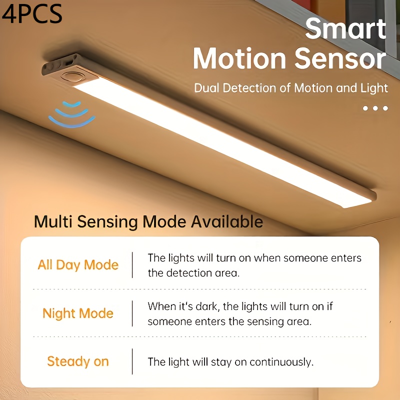 TEMU 4pcs Usb Rechargeable Motion Sensor Led Lights, Ultra Thin Under Counter Closet Lighting, Magnetic Dimmable Wireless Kitchen Under Cabinet