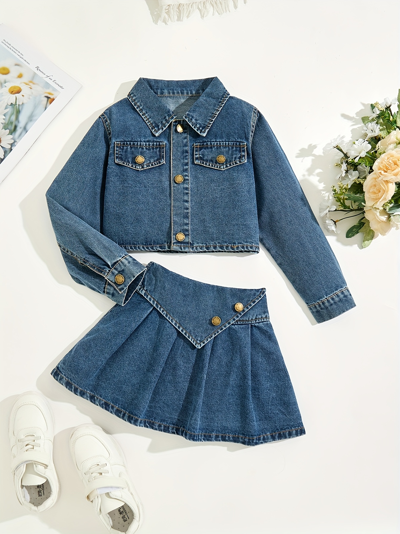 girls summer denim jacket skirt two piece set y2k style Temu