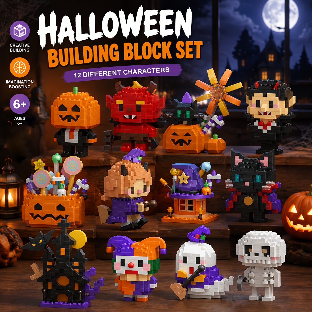 TEMU Kit de 12 figurines de d'Halloween en micro- de construction, bonbons d'Halloween, hanté, maison, sorcière, démon, zombie, , cadeau à soi- pour