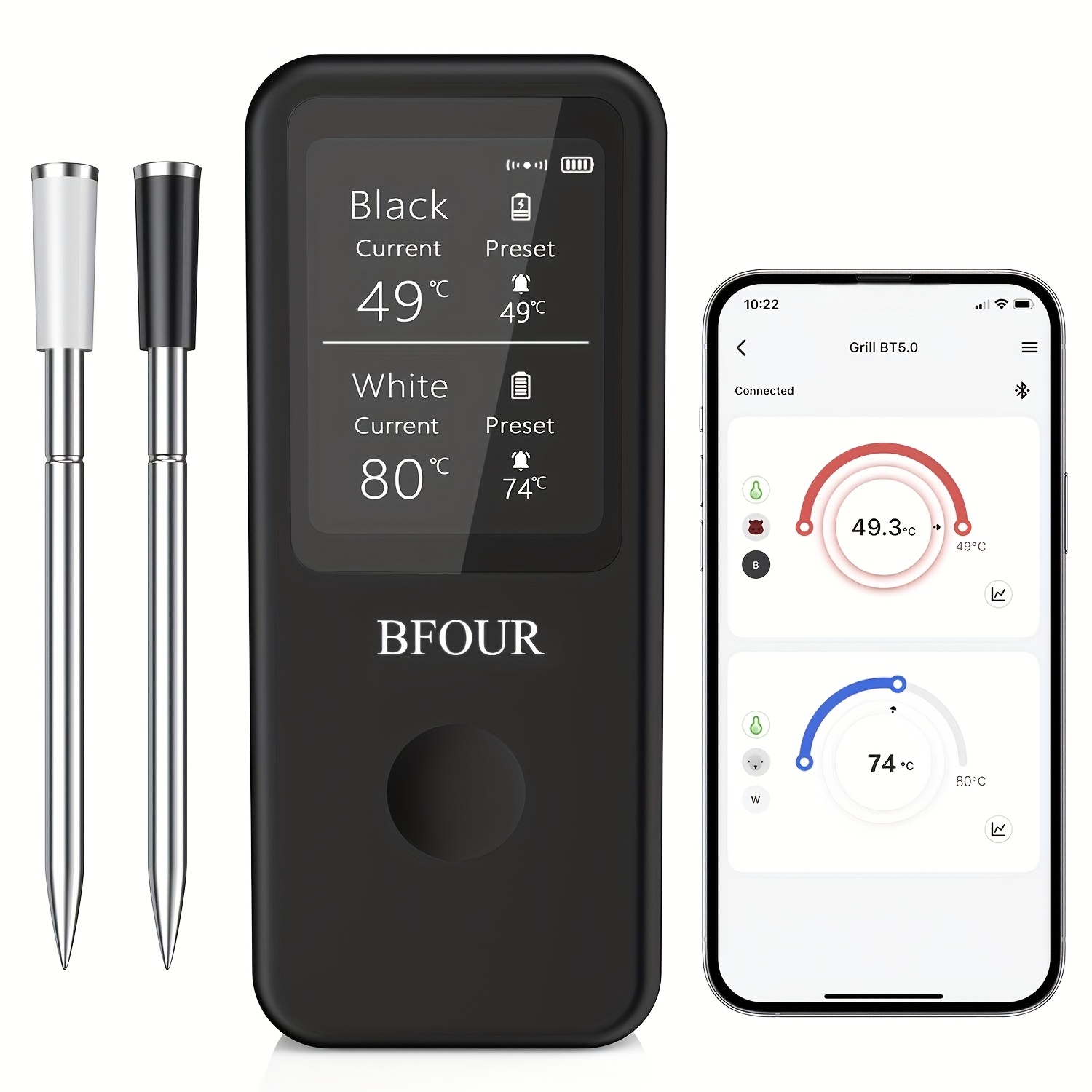 Image of [2 Probes] Bfour Dual Probes Meat Thermometer Wireless Grill Thermometer Wireless With Double Probe, App Control, Roasting Thermometer Wireless For Grill, Oven, Rotisserie