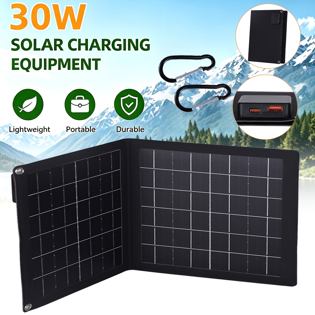 TEMU 2in 1 Foldable Solar Panel, 30w Portable Solar Charger, Solar Power Bank With Usb-a/type-c Output, Convenient For Charging. Suitable For Outdoor