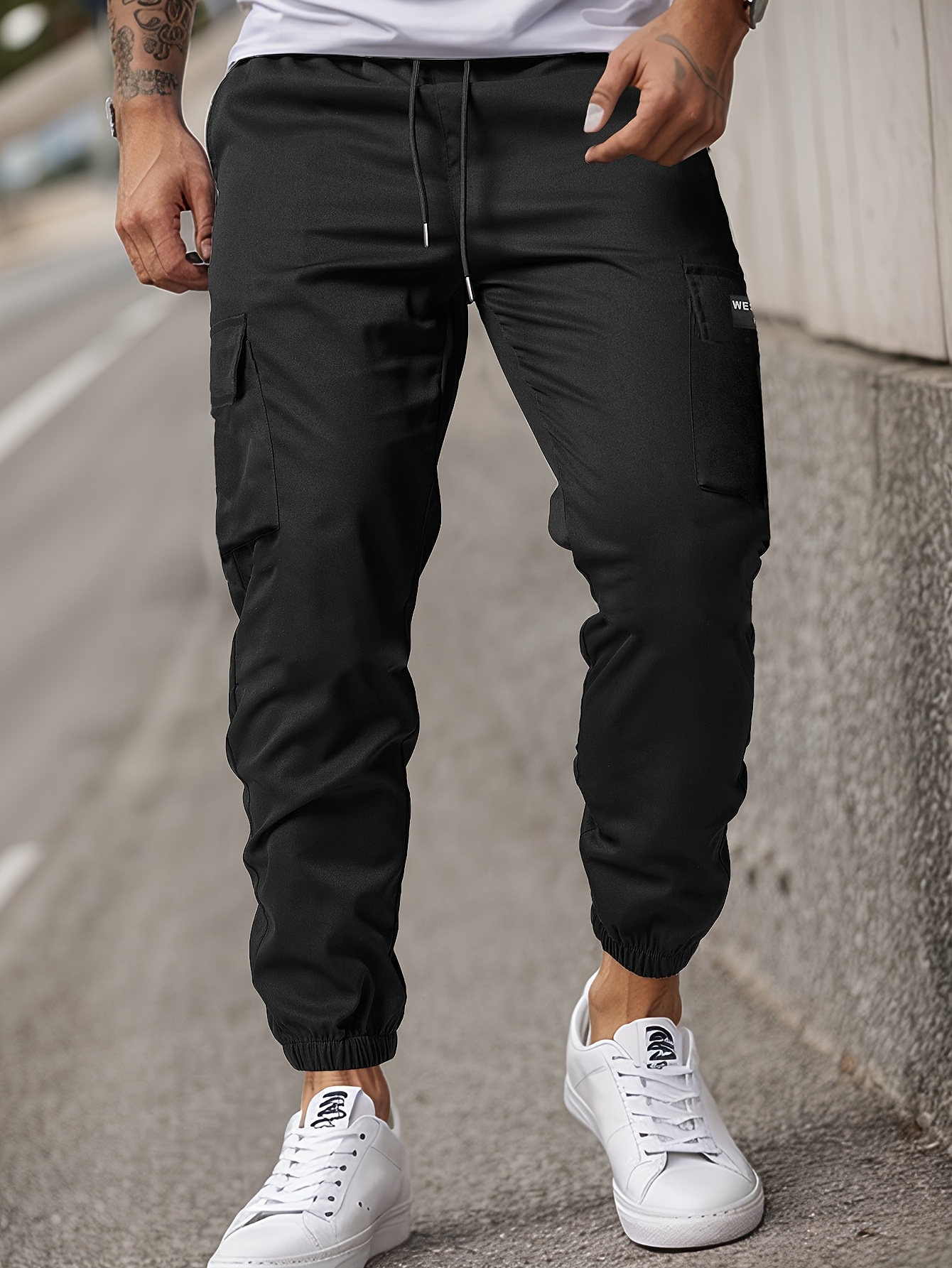 mens season cargo joggers black multi pocket elastic Temu Finland