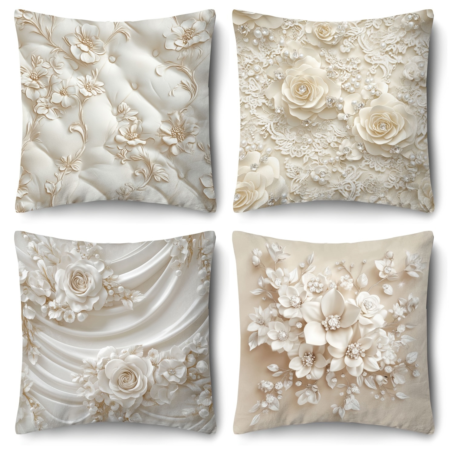 

4pcs Housses de Coussin à Accents de Perles, , Fermeture Éclair, Lavable en , Tissu en - la Décoration du