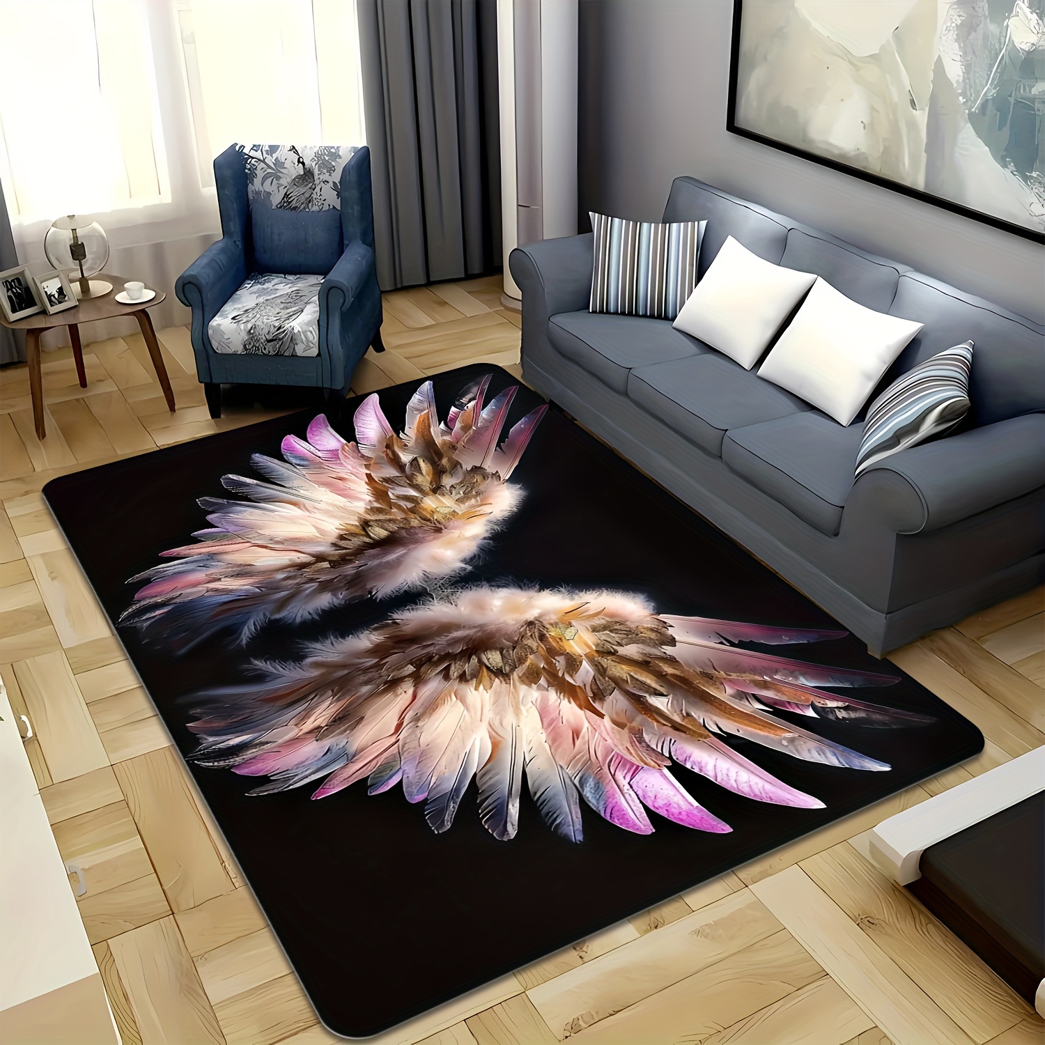 TEMU 1pc Colorful Wing Pattern Rectangle Mat, Area Mat, Machine Washable, Suitable For Outdoor Patio, Garden And Courtyard - Bedroom And Living Room