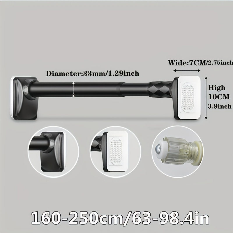 TEMU 1-pack Contemporary Style Spring Tension Rod, Adjustable Metal Expandable Rod For Balcony, Bedroom Wardrobe, And Bathroom - Black Finish