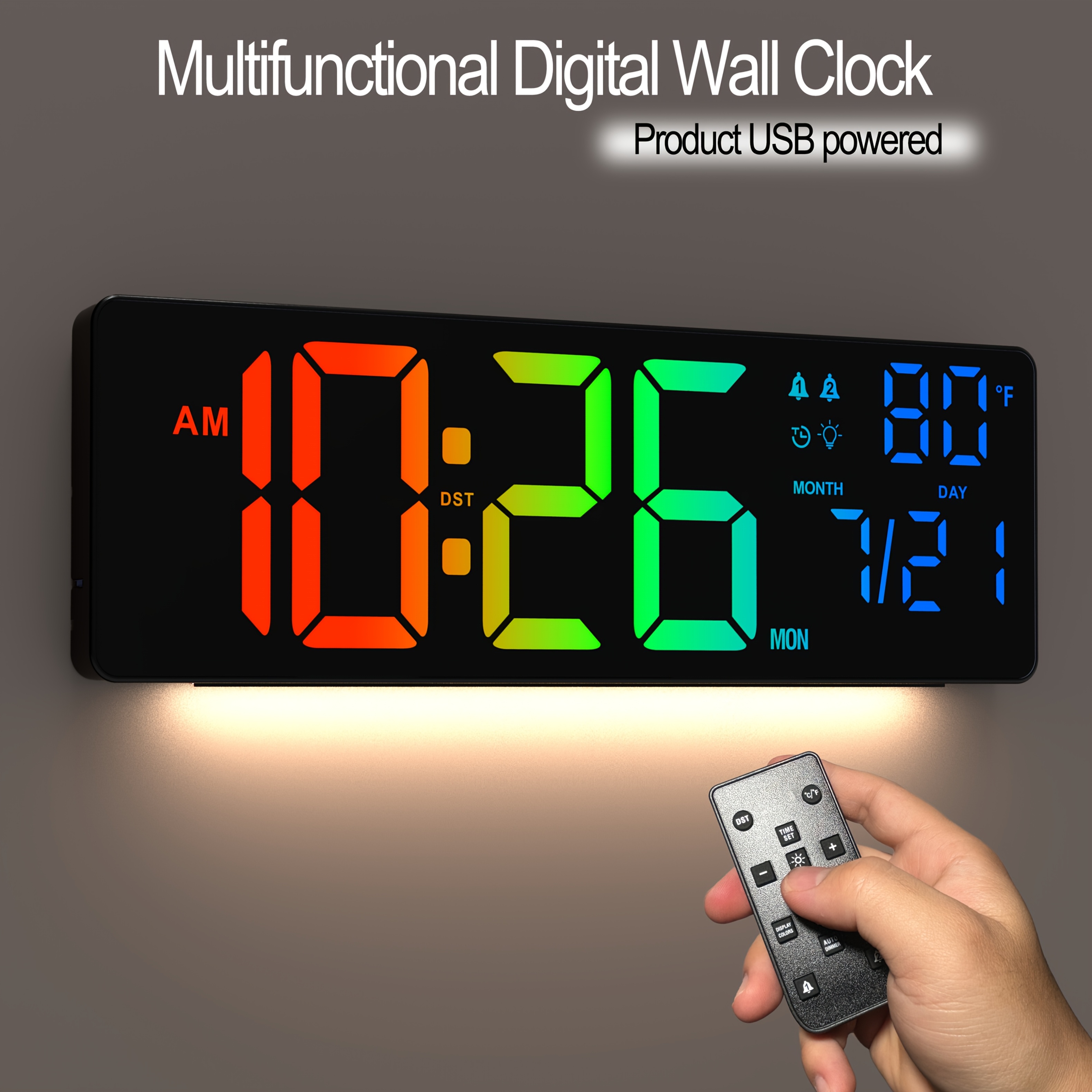 TEMU 1pc 16.3-inch Multifunctional Large Digital Wall Clock, 7 Rgb Single Colors, 4 Rgb Gradient Colors, Dual Alarms, With Date And Temperature