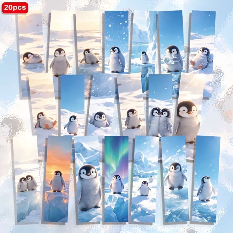 TEMU 20pcs Cute Penguins Playing In The Snow, Aurora, Sunset, , Polar Animal Pattern 1.5in*5.9in 2d Printed Paper Bookmarks, Daily Reading Markers,