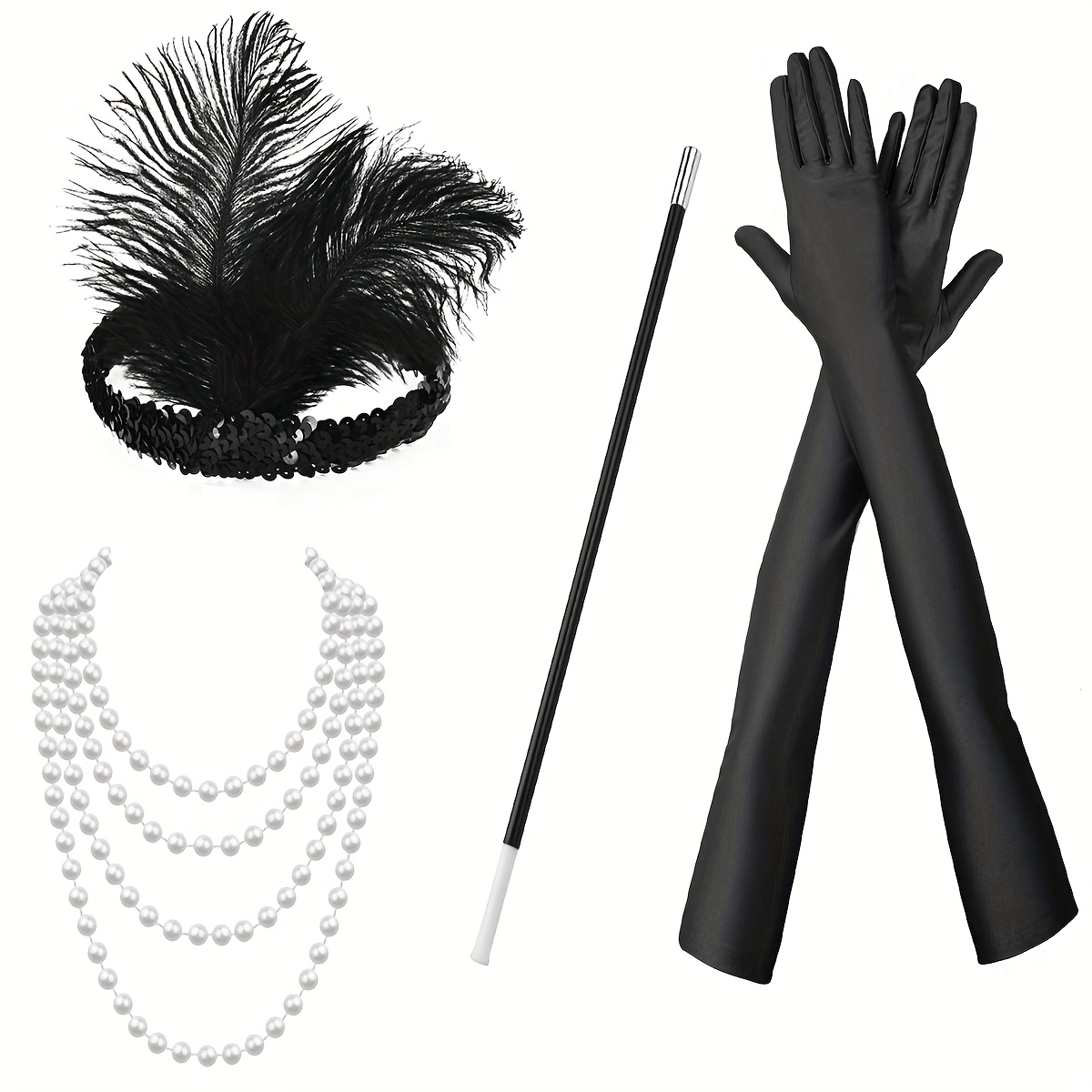 Image of 5pcs 1920s Women's Headwear Elegant Costume Accessories Set, Premium Vintage Accessories For Bachelorette Party, Masquerade, Headband, Gloves, And Props, 4pcs Set For Holiday Decorations
