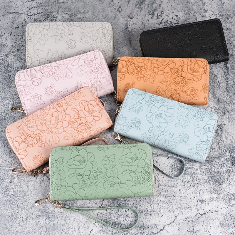 

Floral Embossed Faux Leather Wallet For Women, Long Zipper Clutch Purse With Wristlet, Multi-functional Card Organizer