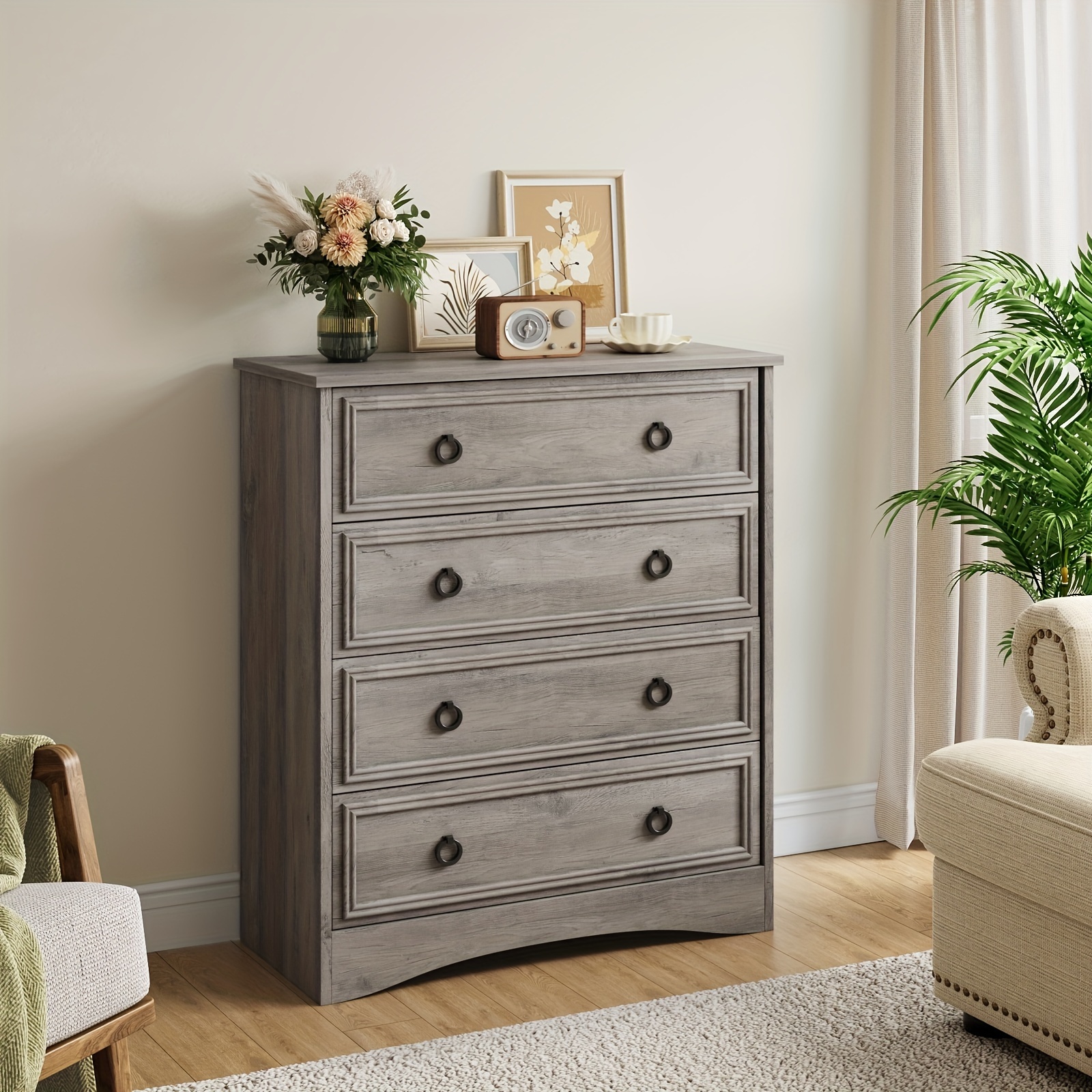 

4 Drawer Dresser For Bedroom, Retro Chest Of Drawers With Metal Handle, Storage Organizer For Living Room, Hallway, Gray