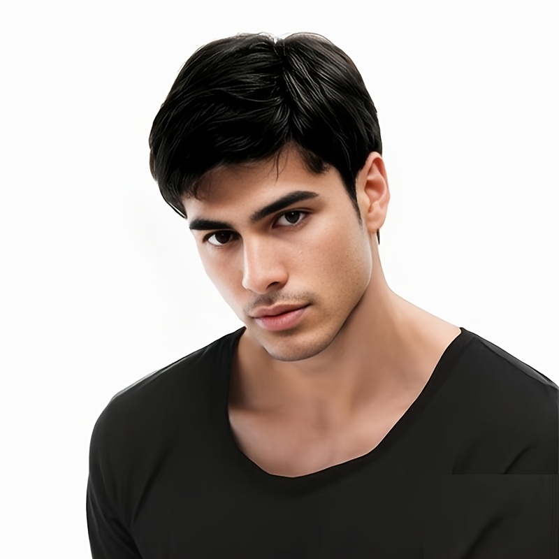 

[ Hairstyle] Stylish Men's 6-inch Short Layered Wig With Side Bangs - , High-temperature Fiber, Adjustable Cap For Comfortable, Beginner-friendly, & Parties