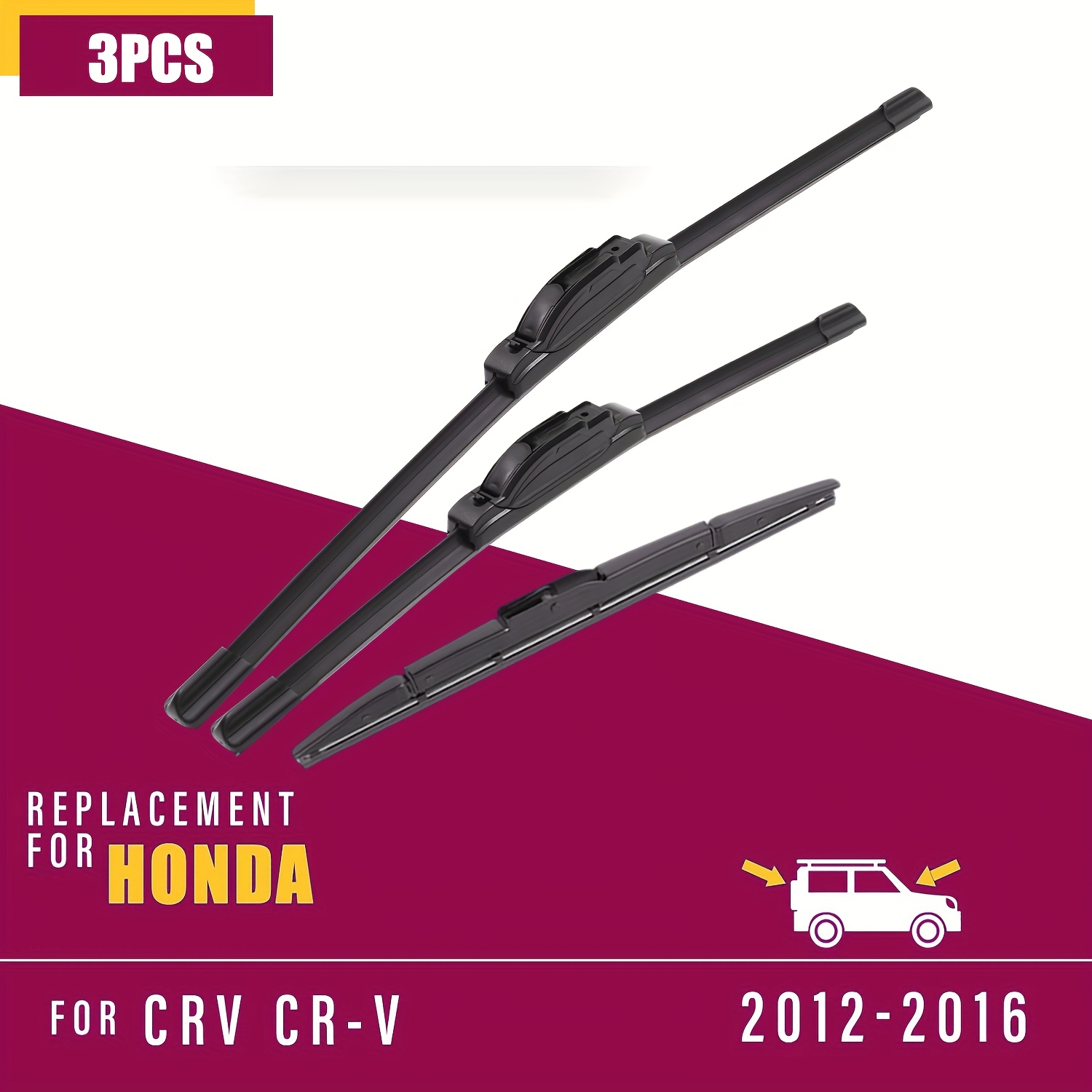 TEMU Adapté pour CRV 2012-2016 Balais d'essuie-glace de voiture, 26 pouces/16 pouces/13 pouces (ensemble de 3 pièces) Crochets U/J, Essuie-glaces et