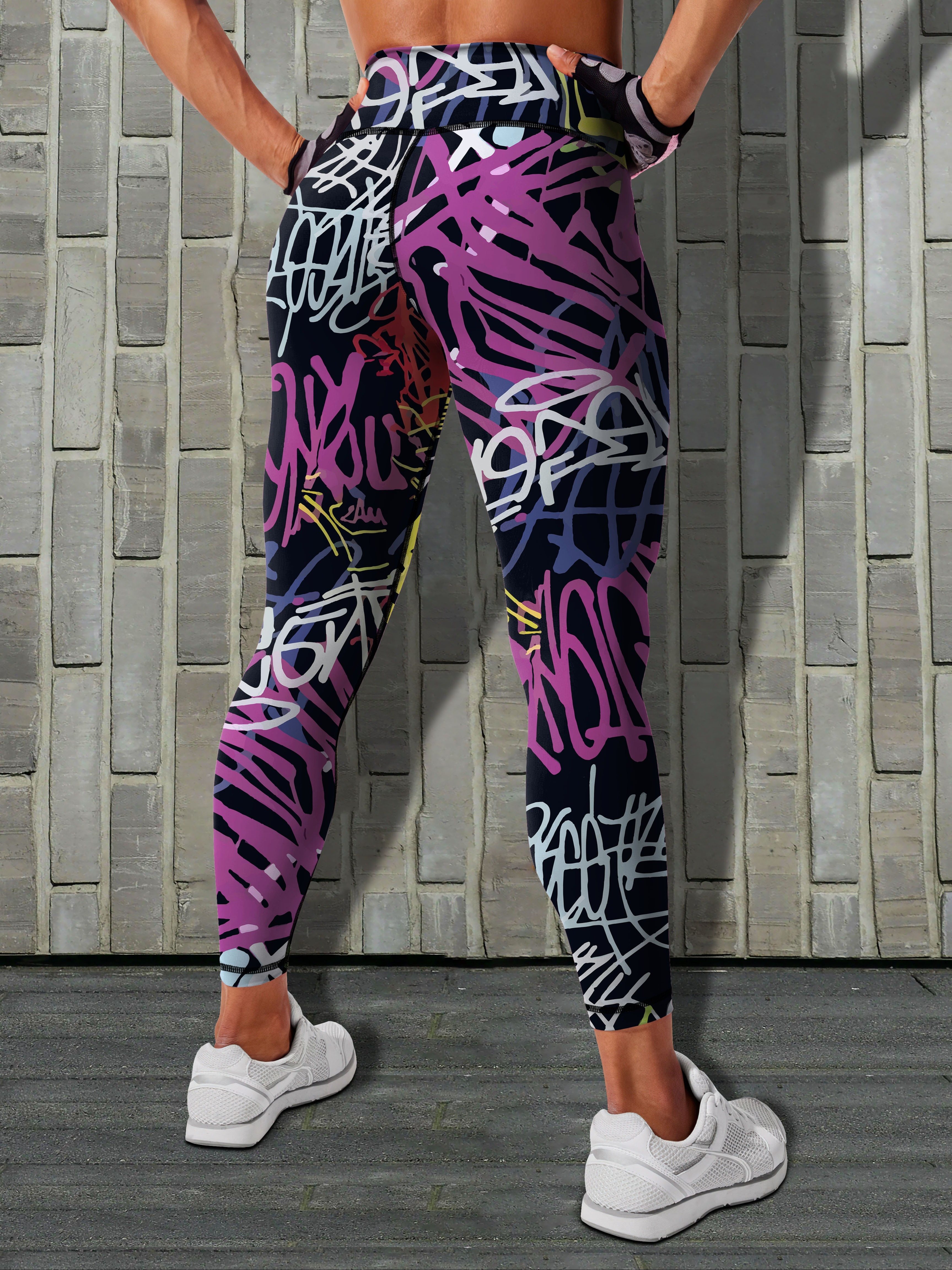 High Waist Color Block Graffiti Print Yoga Leggings Women - Temu