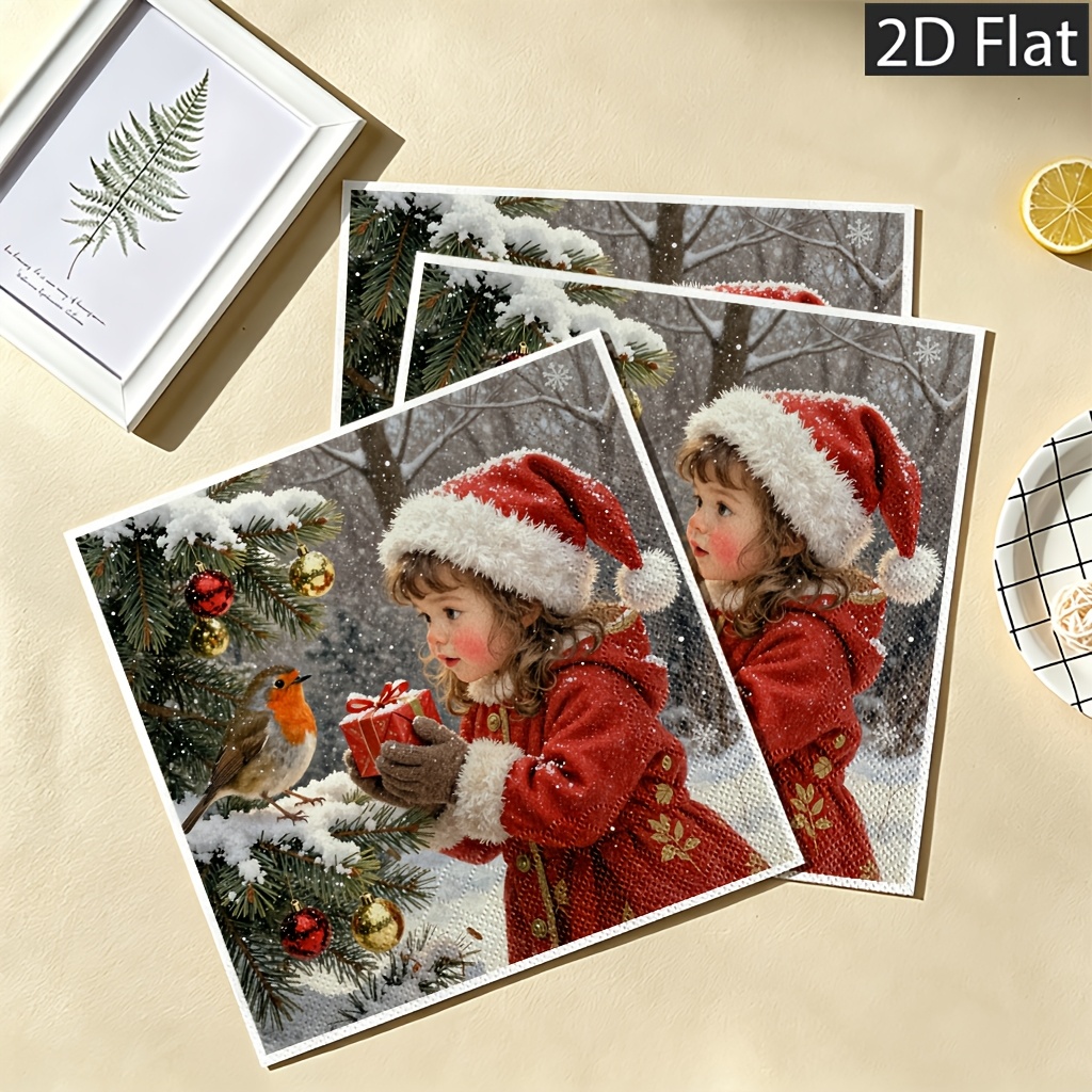 TEMU 2d Flat 20pcs Disposable Paper Napkins, 2-ply For Extra Durability, Girl In Fuzzy Hat And Gloves With Orange Bird Near Decorated Tree In Snow,