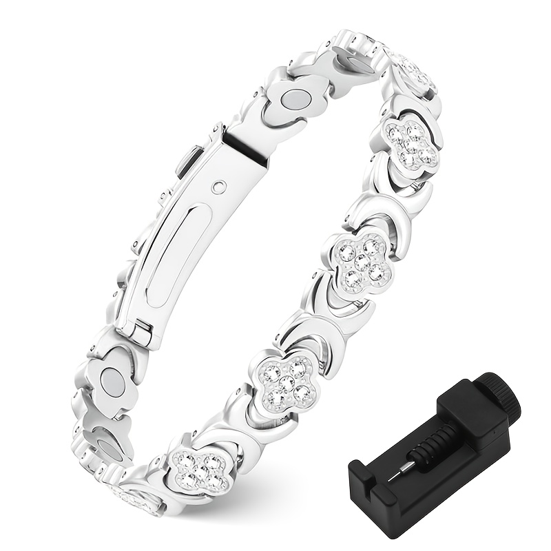 TEMU Women's Silvery Copper Magnetic Bracelet, Adjustable Size With Tool, Infinity Shamrock Design Jewelry Gift For Mom And Partner Women's Perfect